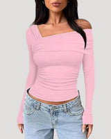 Off Shoulder Long Sleeve Bardot Top with Draped Neckline