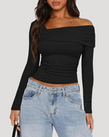 Off Shoulder Long Sleeve Bardot Top with Draped Neckline