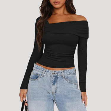 Off Shoulder Long Sleeve Bardot Top with Draped Neckline