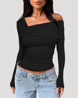 Off Shoulder Long Sleeve Bardot Top with Draped Neckline