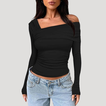 Off Shoulder Long Sleeve Bardot Top with Draped Neckline