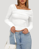 Off Shoulder Long Sleeve Bardot Top with Draped Neckline