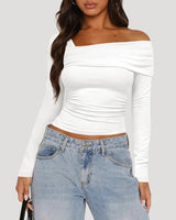 Off Shoulder Long Sleeve Bardot Top with Draped Neckline