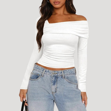 Off Shoulder Long Sleeve Bardot Top with Draped Neckline