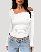 Off Shoulder Long Sleeve Bardot Top with Draped Neckline