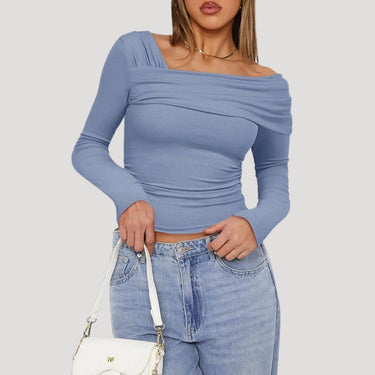 Off Shoulder Long Sleeve Bardot Top with Draped Neckline