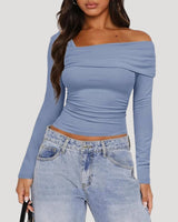 Off Shoulder Long Sleeve Bardot Top with Draped Neckline