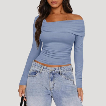 Off Shoulder Long Sleeve Bardot Top with Draped Neckline