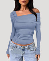 Off Shoulder Long Sleeve Bardot Top with Draped Neckline