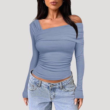 Off Shoulder Long Sleeve Bardot Top with Draped Neckline