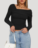 Off Shoulder Long Sleeve Bardot Top with Draped Neckline