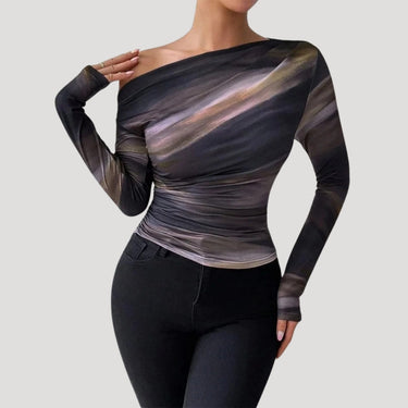 Off Shoulder Mesh Top with Ruched Detail