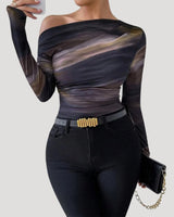 Off Shoulder Mesh Top with Ruched Detail