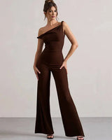 One-Shoulder Flare Jumpsuit with Boat Neck