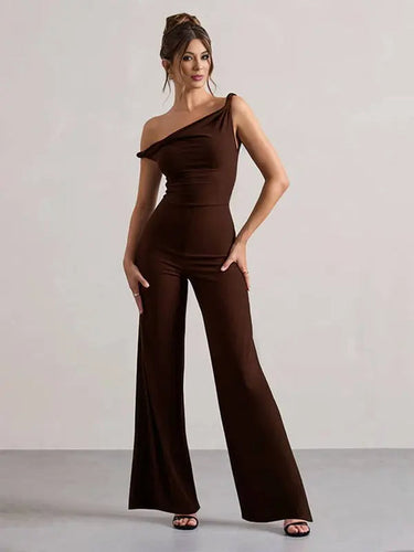 One-Shoulder Flare Jumpsuit with Boat Neck