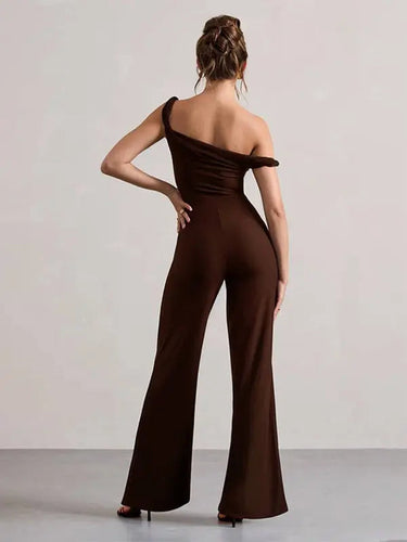 One-Shoulder Flare Jumpsuit with Boat Neck