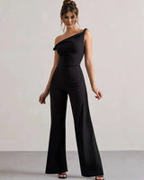 One-Shoulder Flare Jumpsuit with Boat Neck