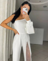One-Shoulder Flare Jumpsuit with Side Slit and Long Sleeves