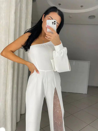 One-Shoulder Flare Jumpsuit with Side Slit and Long Sleeves