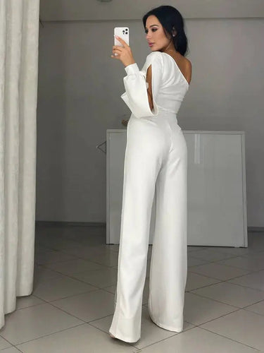 One-Shoulder Flare Jumpsuit with Side Slit and Long Sleeves