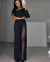 One-Shoulder Flare Jumpsuit with Side Slit and Long Sleeves
