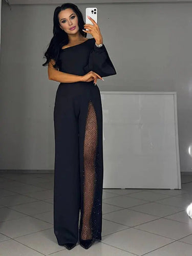 One-Shoulder Flare Jumpsuit with Side Slit and Long Sleeves