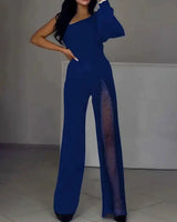 One-Shoulder Flare Jumpsuit with Side Slit and Long Sleeves
