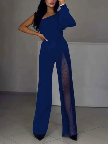 One-Shoulder Flare Jumpsuit with Side Slit and Long Sleeves