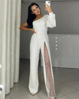 One-Shoulder Flare Jumpsuit with Side Slit and Long Sleeves