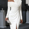 One-Shoulder Long Sleeve Midi Dress with Ruched Bodycon Cut