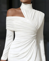 One-Shoulder Long Sleeve Midi Dress with Ruched Bodycon Cut