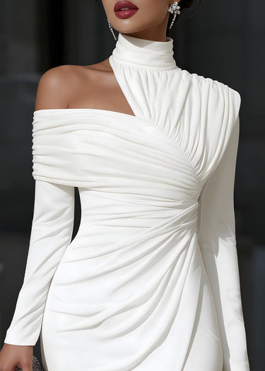 One-Shoulder Long Sleeve Midi Dress with Ruched Bodycon Cut