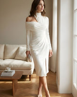One-Shoulder Long Sleeve Midi Dress with Ruched Bodycon Cut