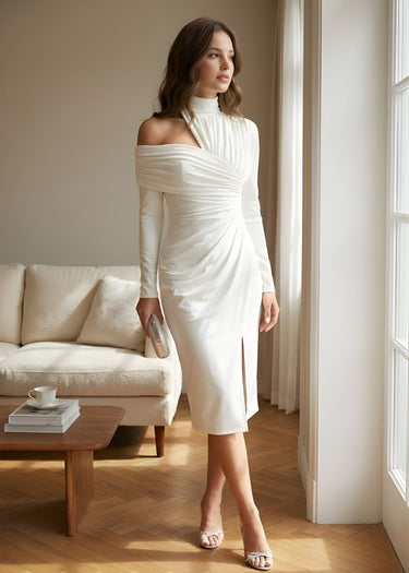 One-Shoulder Long Sleeve Midi Dress with Ruched Bodycon Cut