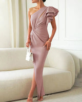 One-Shoulder Maxi Dress with Layered Ruffles and Side Slit