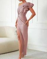 One-Shoulder Maxi Dress with Layered Ruffles and Side Slit
