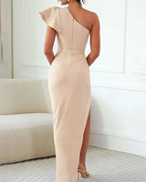 One-Shoulder Maxi Dress with Layered Ruffles and Side Slit