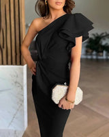 One-Shoulder Maxi Dress with Layered Ruffles and Side Slit