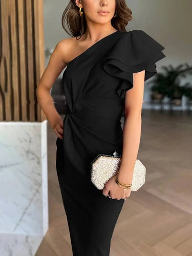 One-Shoulder Maxi Dress with Layered Ruffles and Side Slit