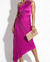One Shoulder Midi Dress with Pleated Skirt and Rosette Accent