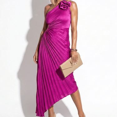 One Shoulder Midi Dress with Pleated Skirt and Rosette Accent