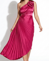 One Shoulder Midi Dress with Pleated Skirt and Rosette Accent