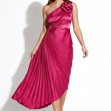 One Shoulder Midi Dress with Pleated Skirt and Rosette Accent
