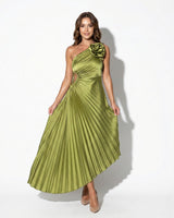 One Shoulder Midi Dress with Pleated Skirt and Rosette Accent