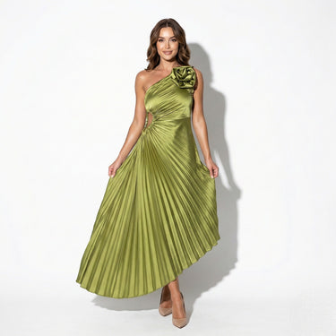 One Shoulder Midi Dress with Pleated Skirt and Rosette Accent