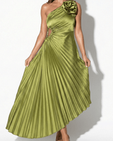 One Shoulder Midi Dress with Pleated Skirt and Rosette Accent