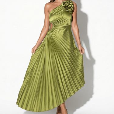 One Shoulder Midi Dress with Pleated Skirt and Rosette Accent