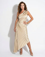 One Shoulder Midi Dress with Pleated Skirt and Rosette Accent