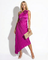 One Shoulder Midi Dress with Pleated Skirt and Rosette Accent