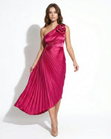 One Shoulder Midi Dress with Pleated Skirt and Rosette Accent